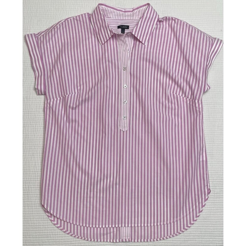 Talbots Pink And White Stripe Button Down Cap Short Sleeve Shirt M